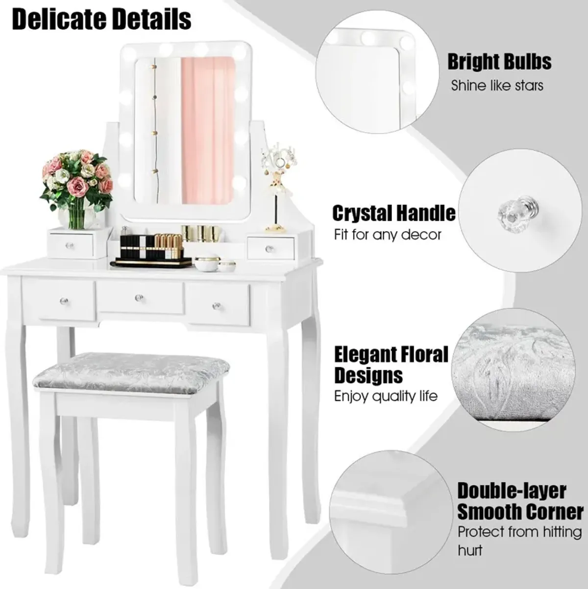 Vanity Dressing Table Set with 10 Dimmable Bulbs and Cushioned Stool