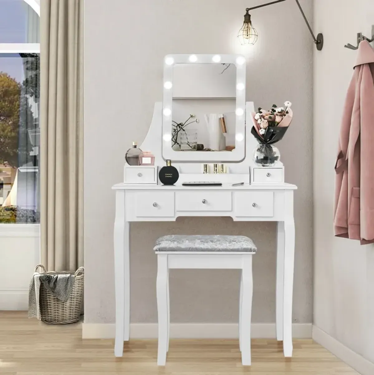 Vanity Dressing Table Set with 10 Dimmable Bulbs and Cushioned Stool