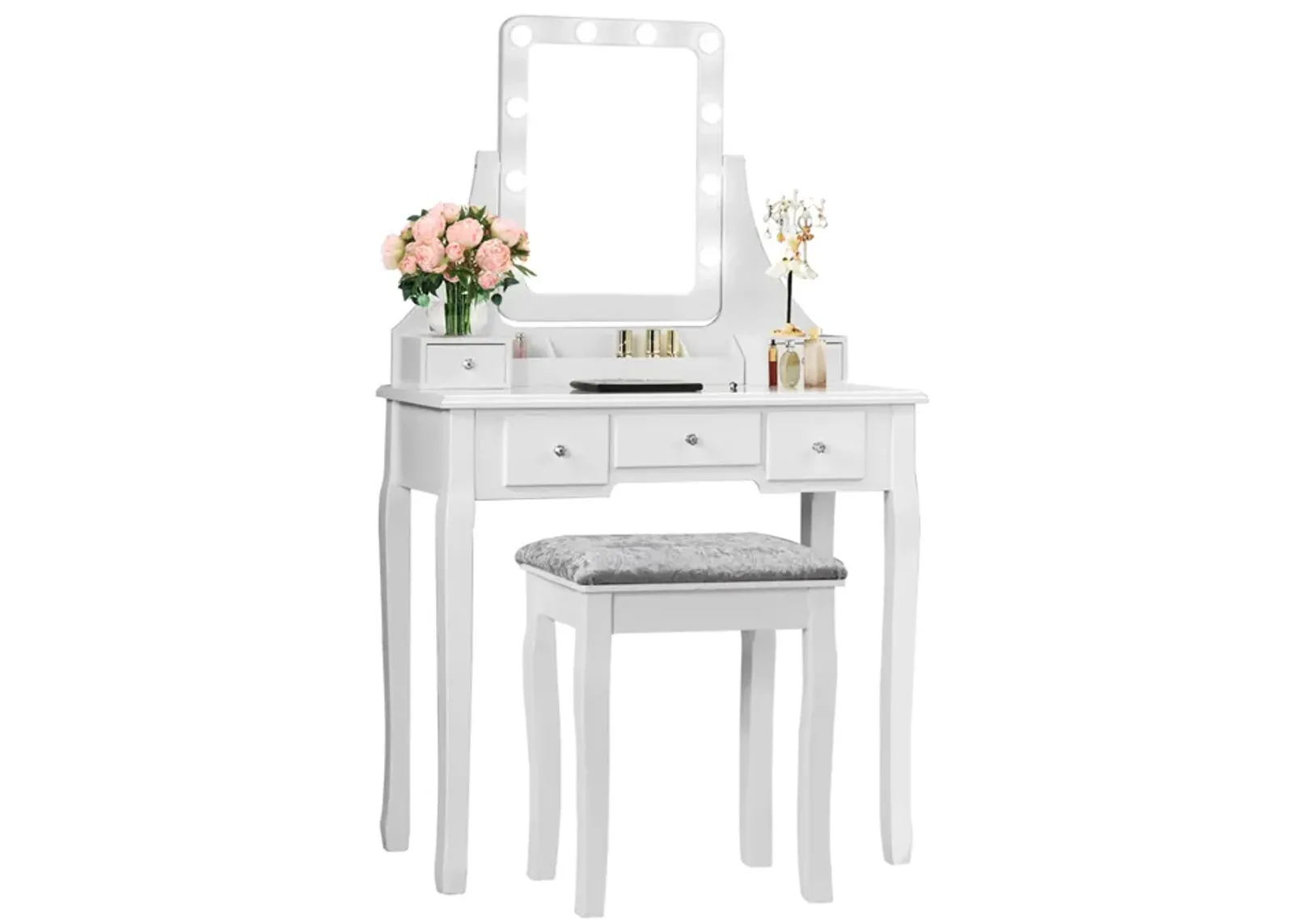 Vanity Dressing Table Set with 10 Dimmable Bulbs and Cushioned Stool