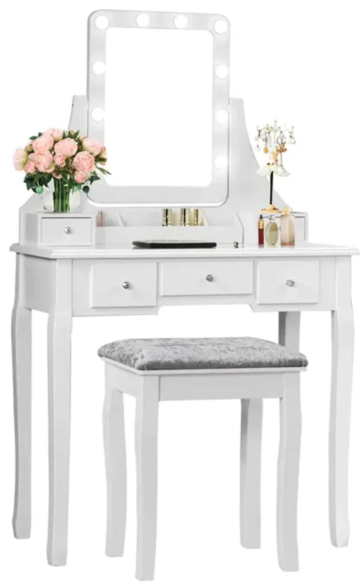 Vanity Dressing Table Set with 10 Dimmable Bulbs and Cushioned Stool