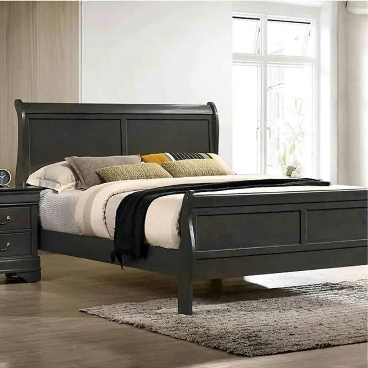 Classic Contemporary Eastern King Size Bed Gray Louis Philippe Solid Wood 1 Piece Bed Bedroom Sleigh Bed