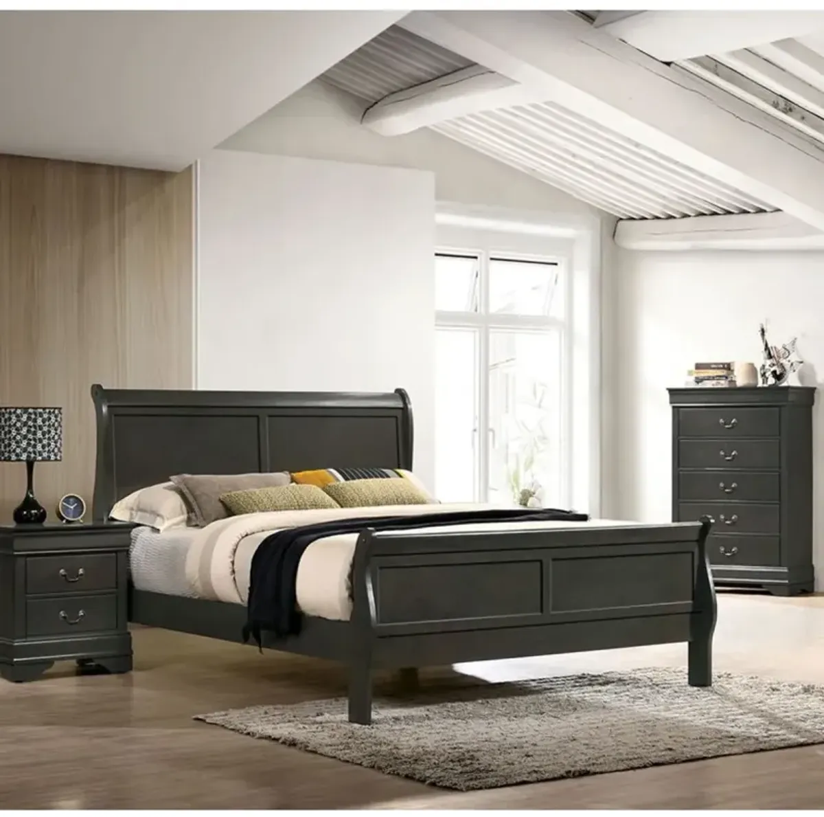 Classic Contemporary Eastern King Size Bed Gray Louis Philippe Solid Wood 1 Piece Bed Bedroom Sleigh Bed