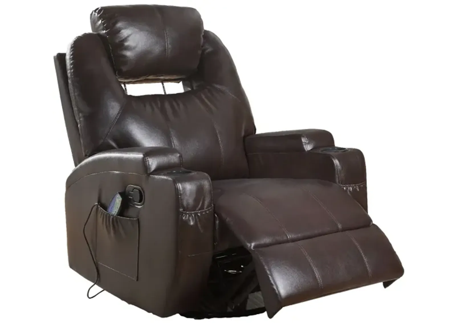 Contemporary Polyurethane Upholstered Metal Rocker Recliner with Swivel, Brown-Benzara