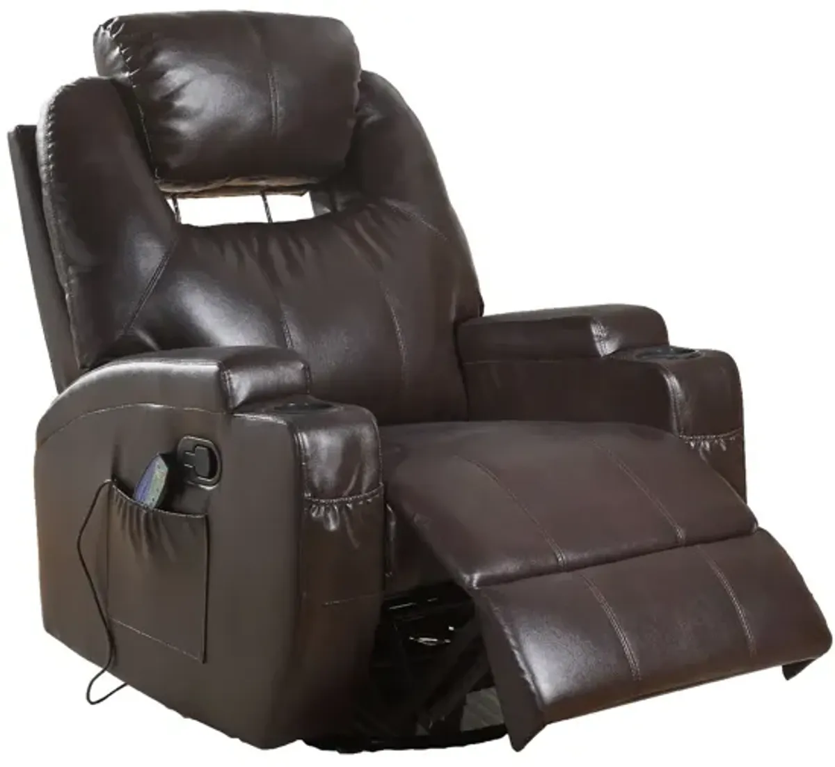 Contemporary Polyurethane Upholstered Metal Rocker Recliner with Swivel, Brown-Benzara