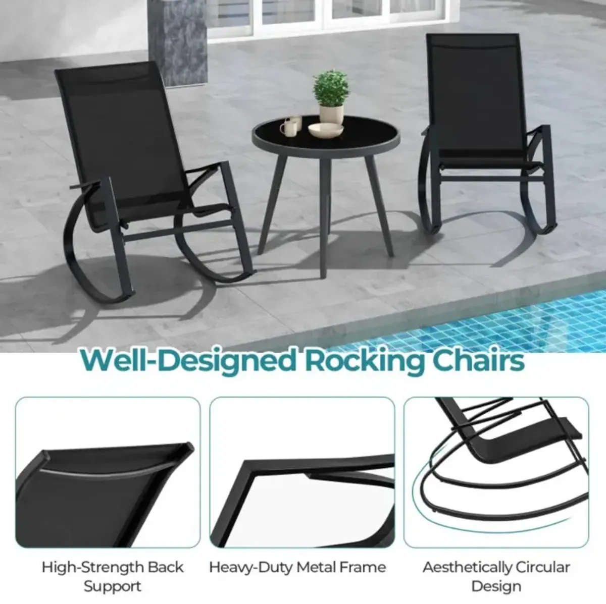 Hivvago 2 Pieces Patio Rocking Chairs Outdoor Sling Fabric Rockers with Ergonomic Backrest and Seat