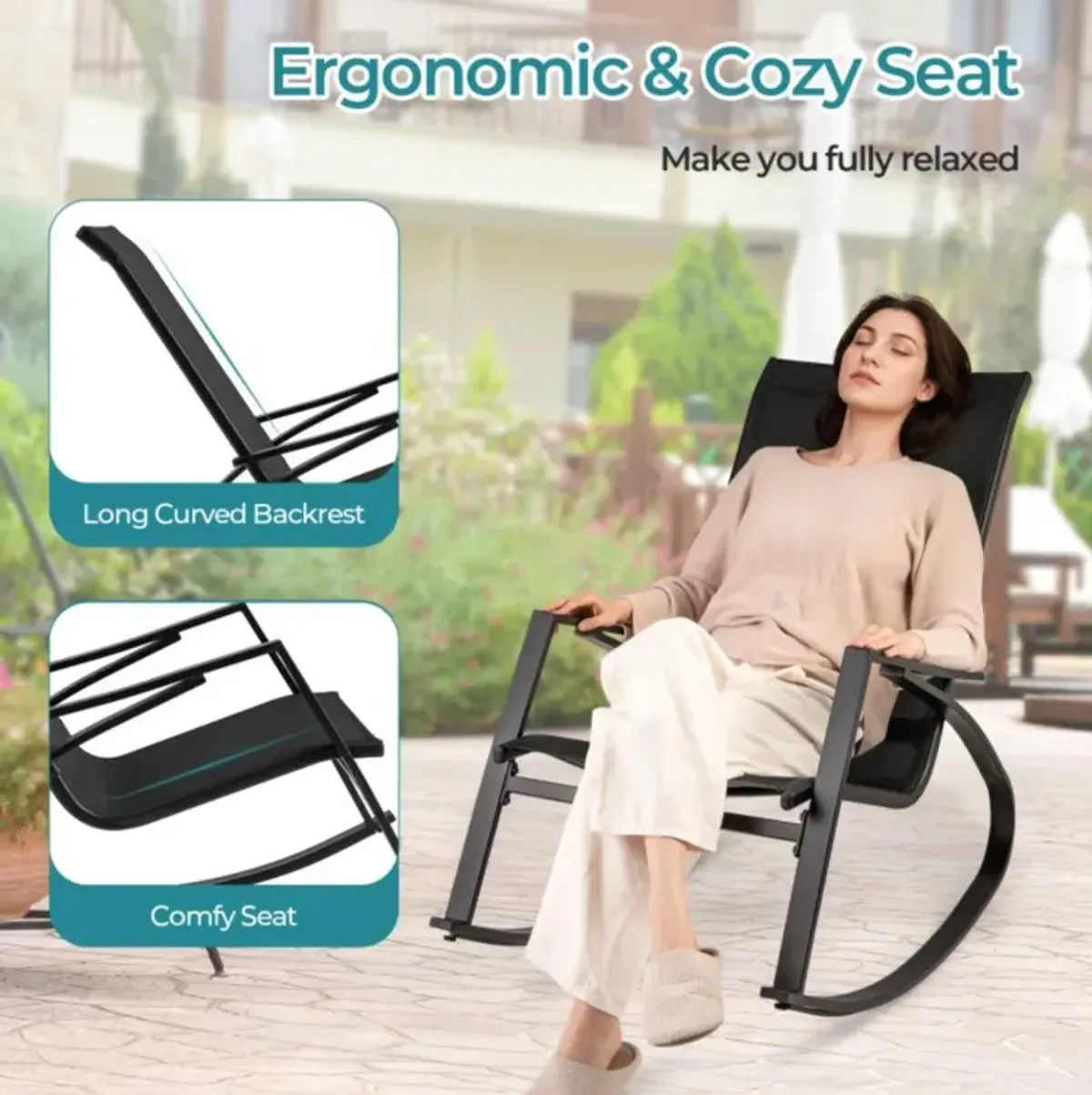 Hivvago 2 Pieces Patio Rocking Chairs Outdoor Sling Fabric Rockers with Ergonomic Backrest and Seat