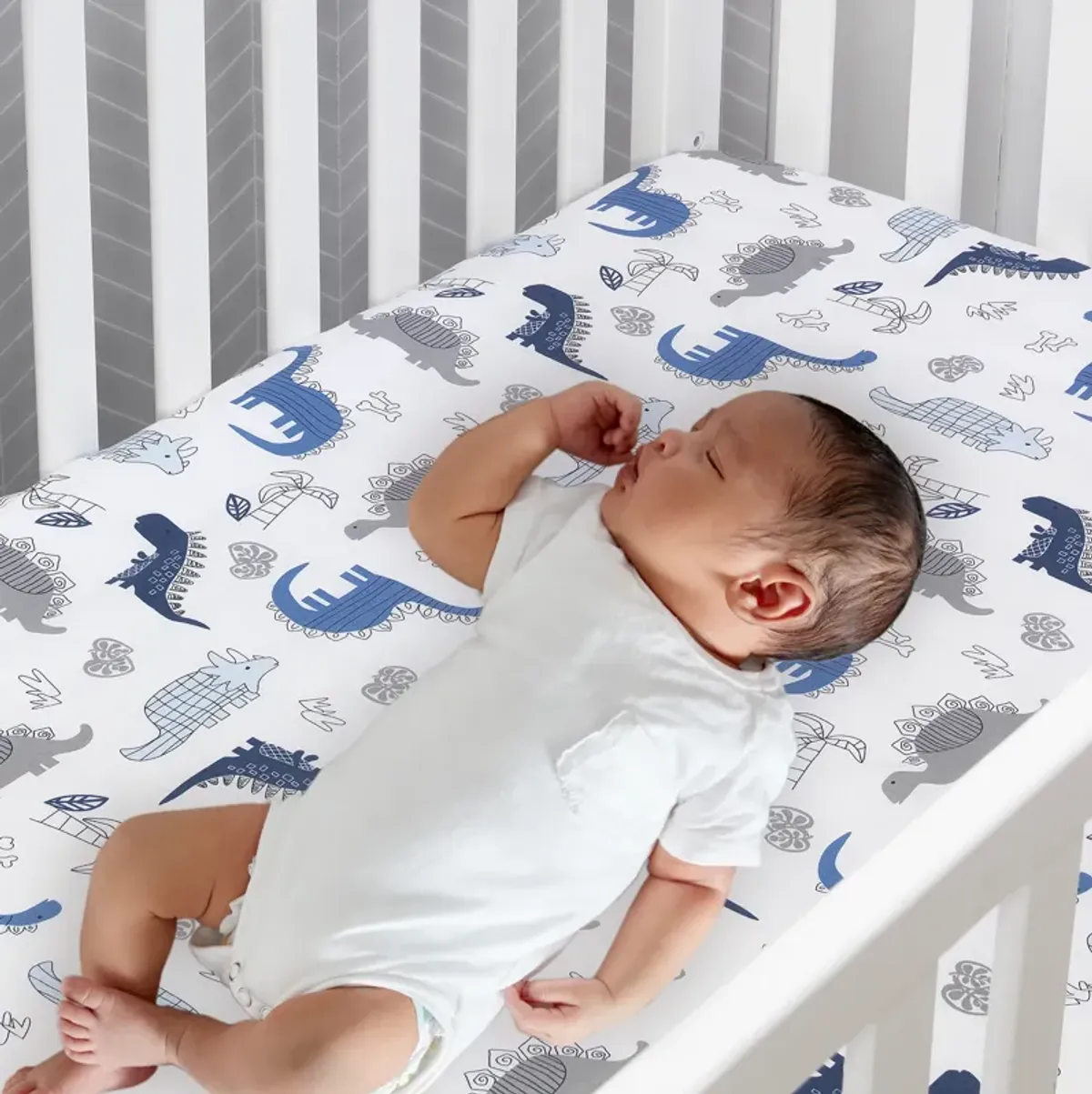 Lambs & Ivy Baby Dino 100% Cotton Blue/White/Gray Dinosaur Fitted Crib Sheet