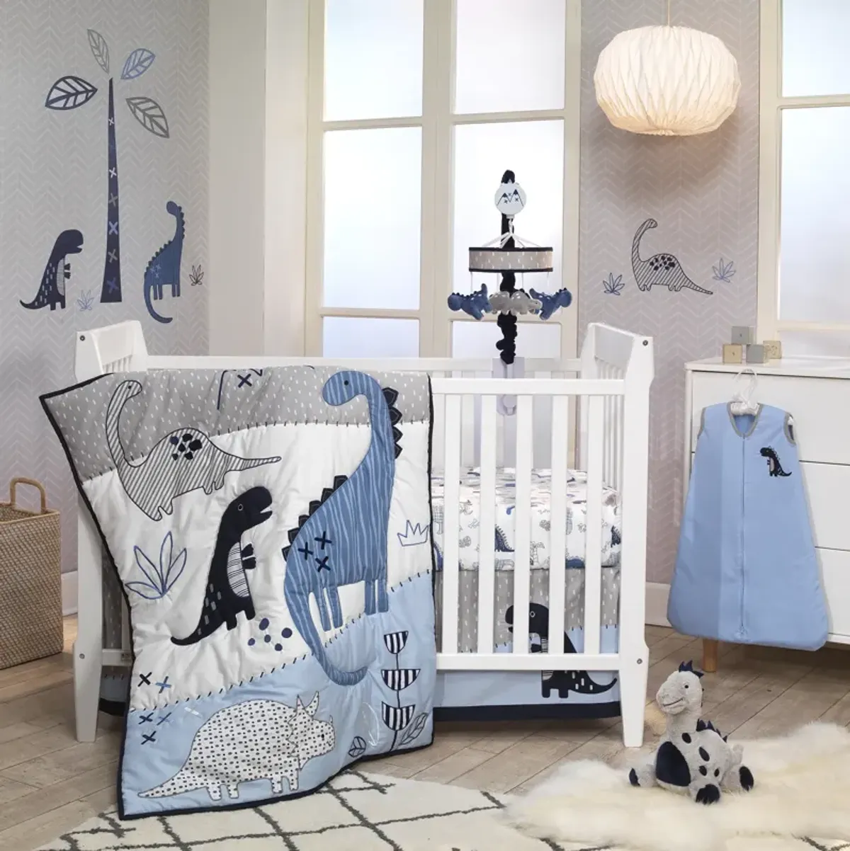 Lambs & Ivy Baby Dino 100% Cotton Blue/White/Gray Dinosaur Fitted Crib Sheet