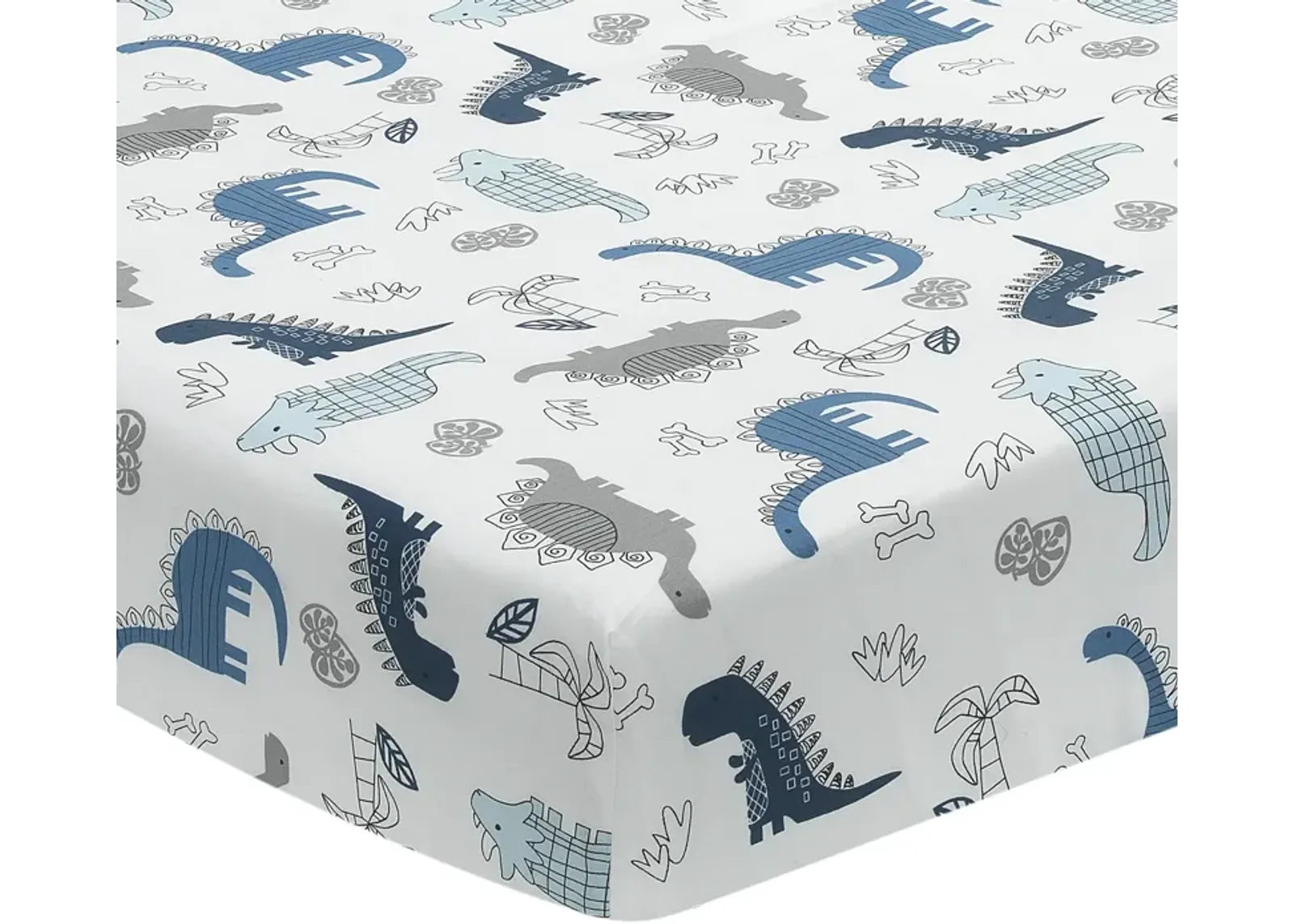 Lambs & Ivy Baby Dino 100% Cotton Blue/White/Gray Dinosaur Fitted Crib Sheet