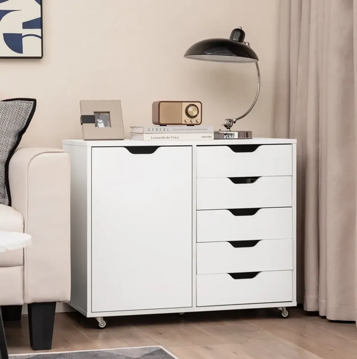 White 5-Drawer Dresser Chest, Mobile Storage Cabinet with Door for Home and Office Use