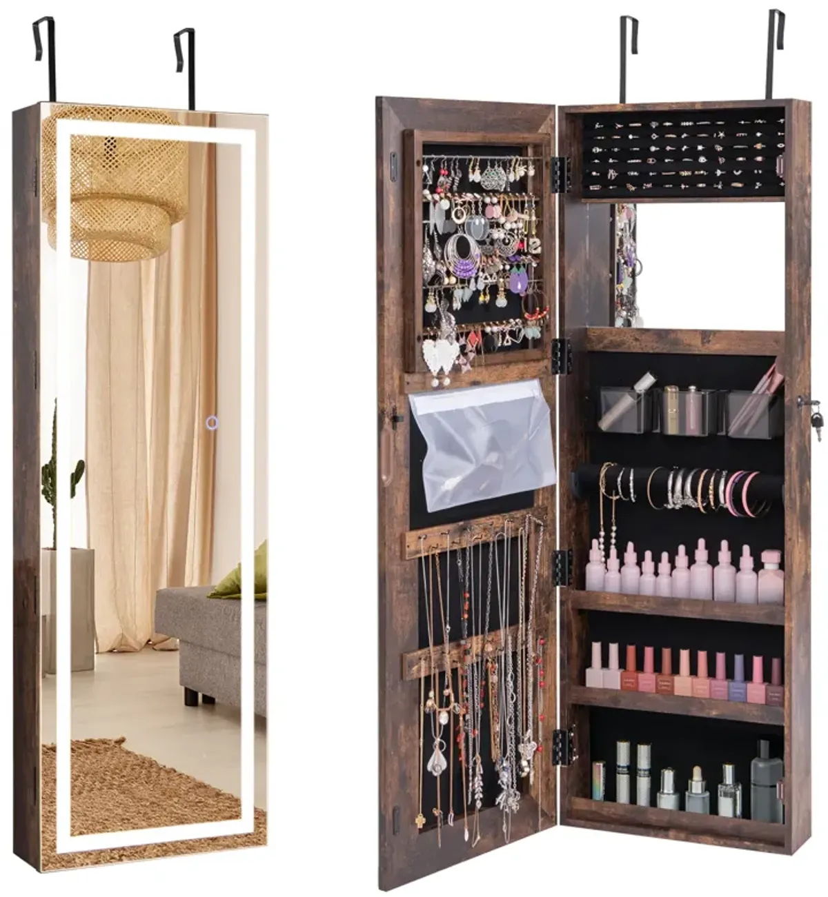 Mirrored Jewelry Armoire with Full Length Mirror and 2 Internal LED Lights