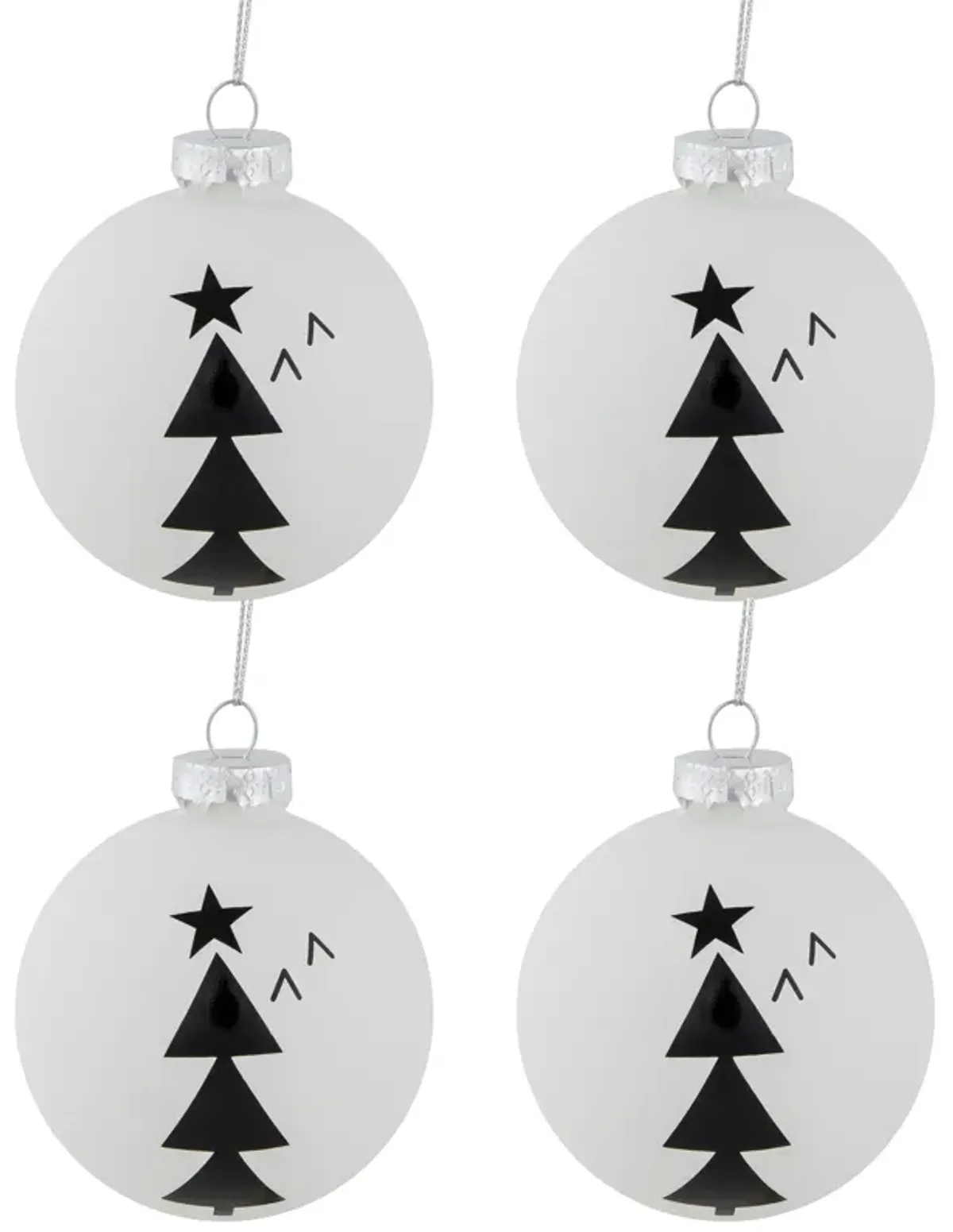 4ct White Glass Ball Ornaments with Black Christmas Trees 3"