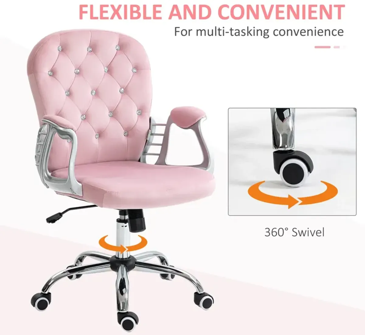 Pink Velvet Office Chair: Tufted, Padded Arms, Swivel