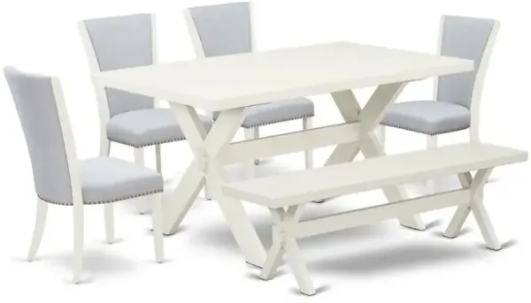 East West Furniture 6 Piece Dining Set - Linen White Rectangular Table, 1 Modern Bench, and 4 Grey Linen Fabric Parson Chairs with Nailheads - Wirebrushed Linen White Finish
