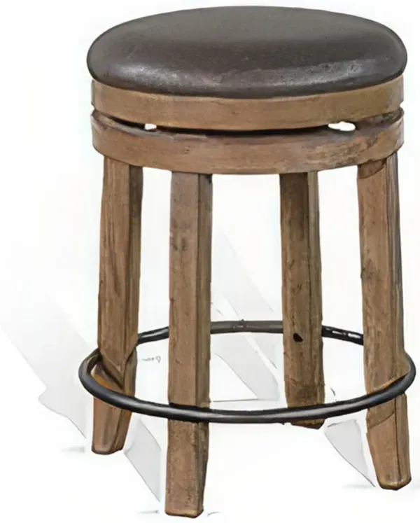 Yael Swivel Counter Stool Set of 2, Gray Faux Leather, Brown, Black - Benzara