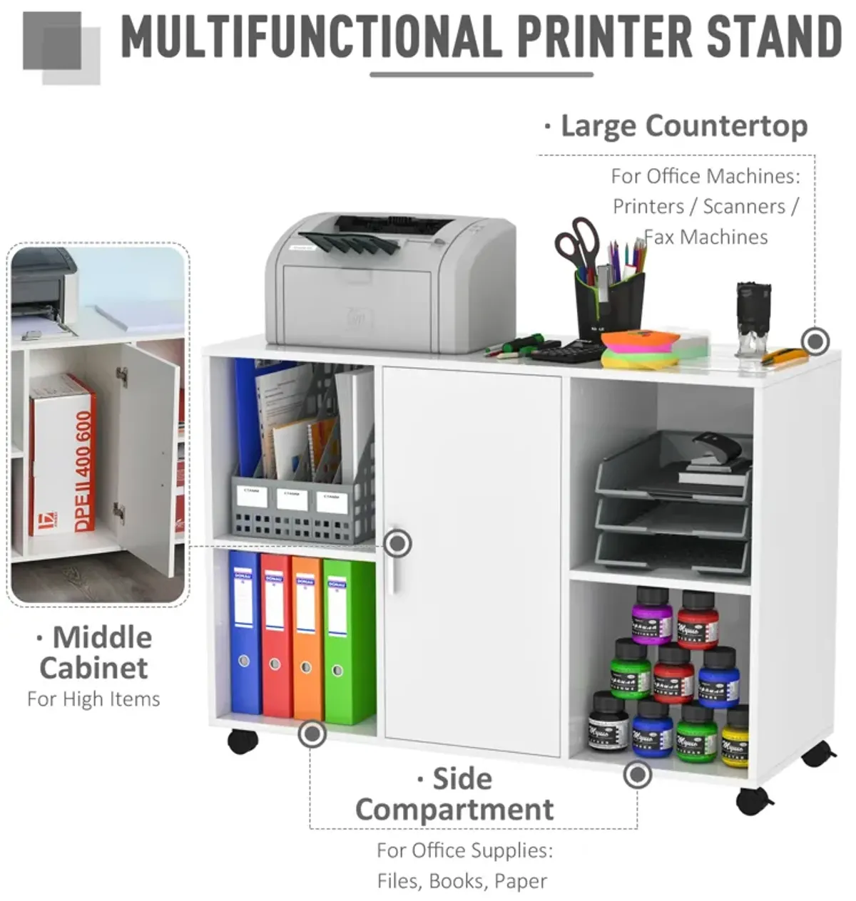 White Office Assistant: Multipurpose File Cabinet/Printer Stand