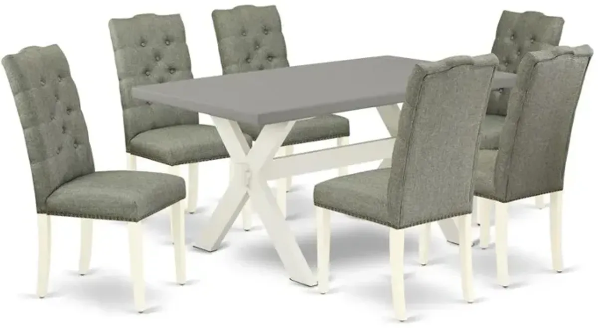 East West Furniture 7-Piece Modern Dining Set- 6 Upholstered Dining Chairs with Smoke Linen Fabric Seat and Button Tufted Chair Back - Rectangular Table Top & Wooden Cross Legs - Cement and Linen Whit
