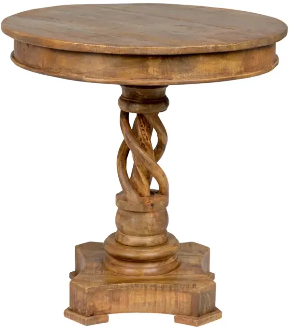 Wooden Round Table with Intricate Braided Pedestal Base, Brown - Benzara