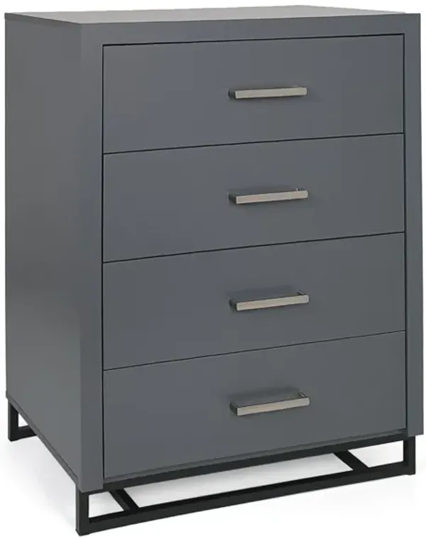 Lany Tall Dresser Chest with 4 Drawers, Charcoal Gray MDF, Black Iron - Benzara