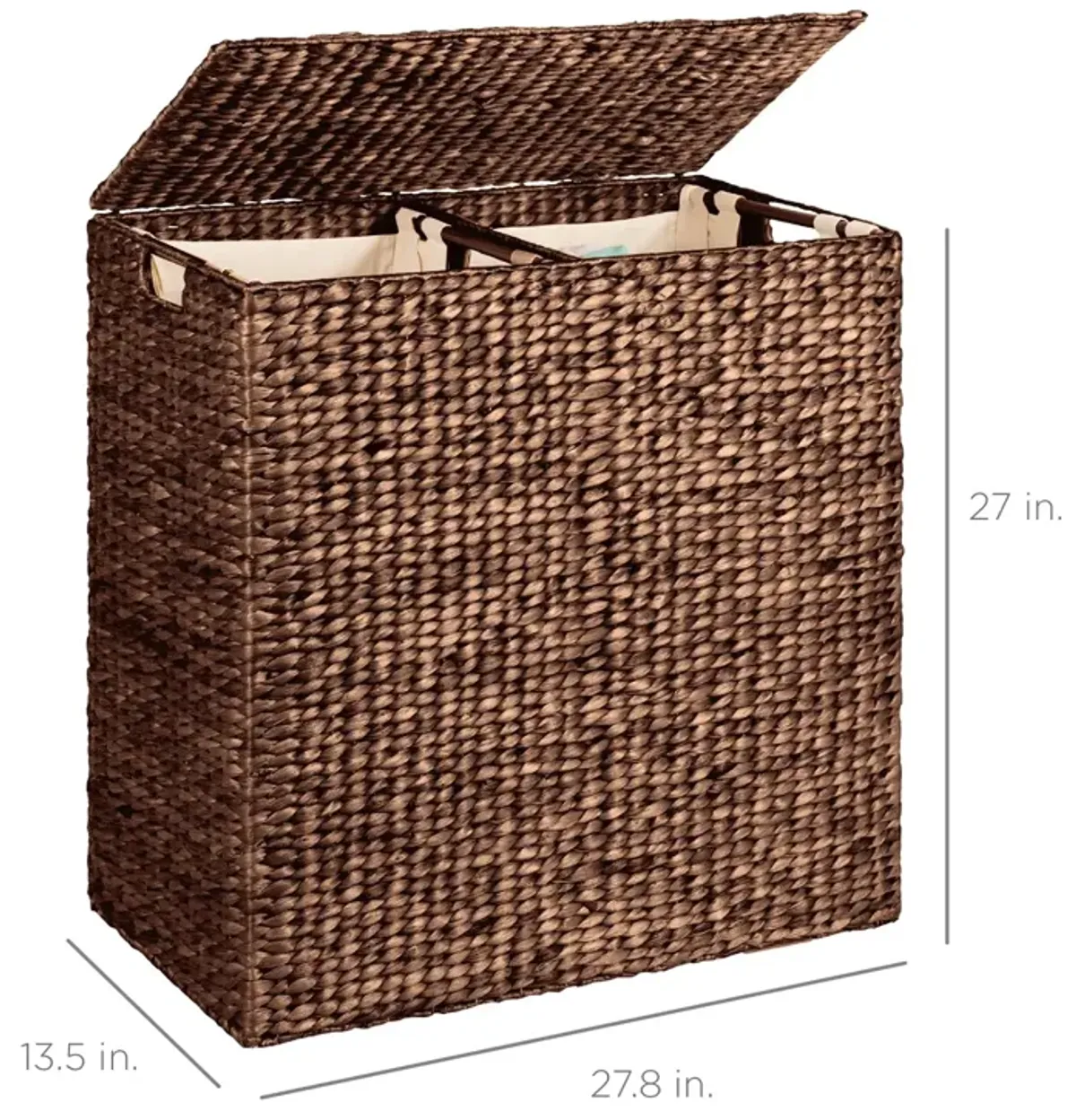 Hivvago Espresso 2-Bin Handwoven Hyacinth Linen Liner Laundry Hamper w/ Handles