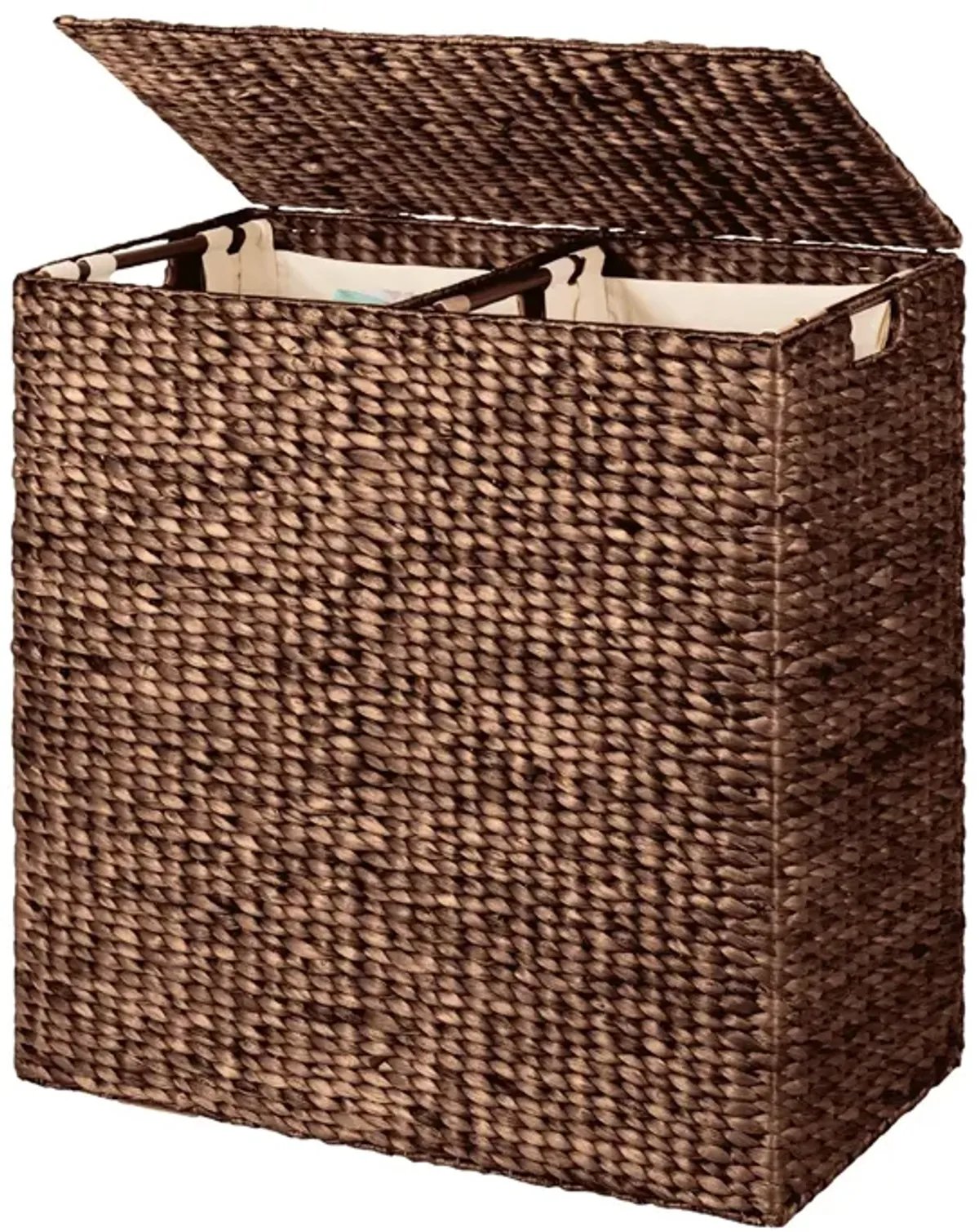 Hivvago Espresso 2-Bin Handwoven Hyacinth Linen Liner Laundry Hamper w/ Handles