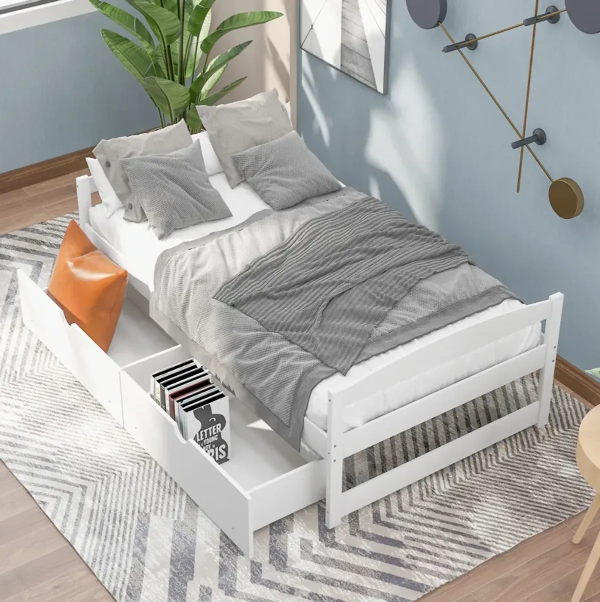 Whisen Twin Size Platform Bed with 2 Drawers - White