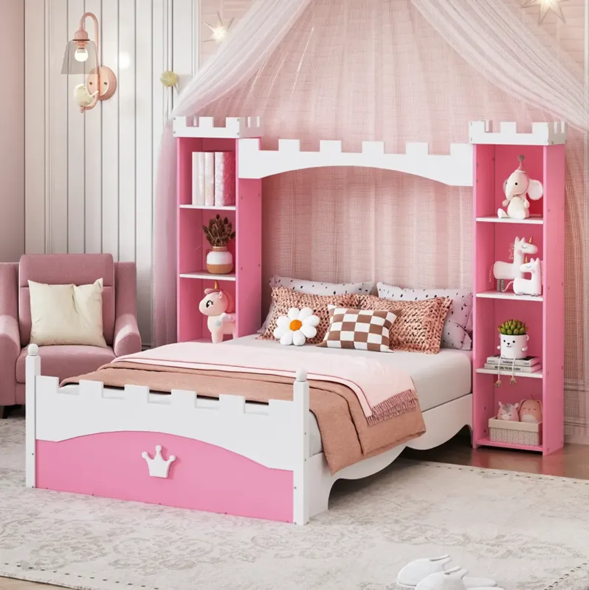 Merax Castle Wooden Bed with Storage Shelf