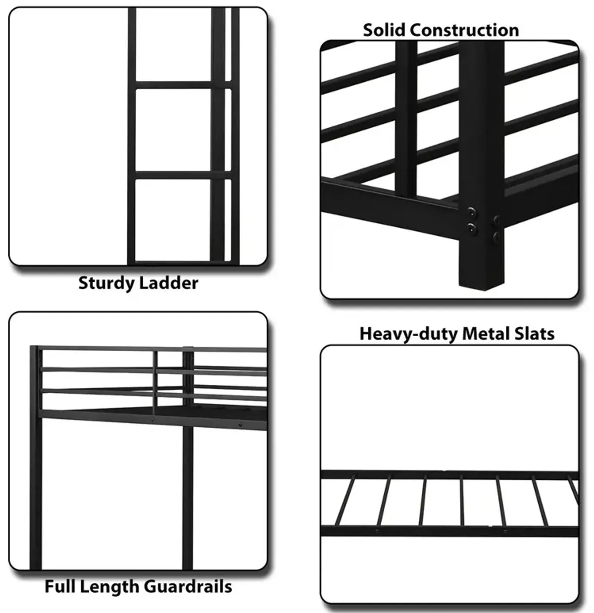 Sturdy Metal Bunk Bed Frame Twin Over Twin with Safety Guard Rails and Side Ladder