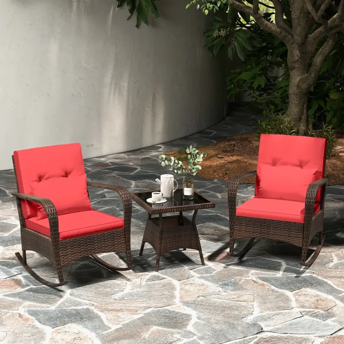 3 Piece Outdoor Rocking Set with Tempered Glass Coffee Table for Backyard Poolside