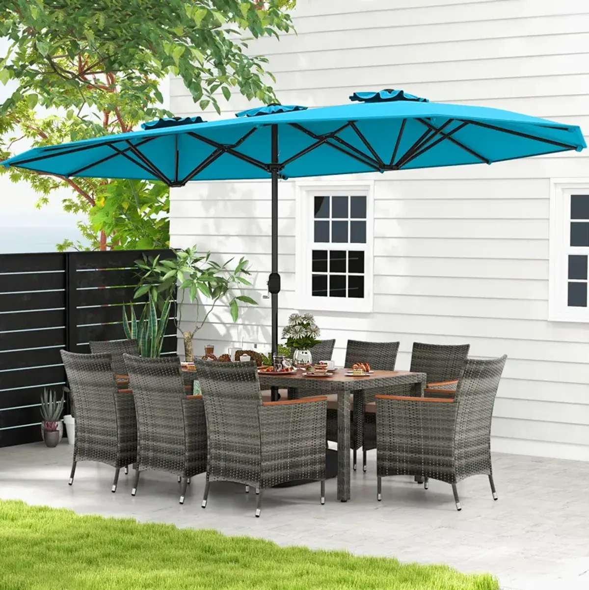 15-Foot Double-Sided Twin Patio Umbrella with Crank Handle and Base