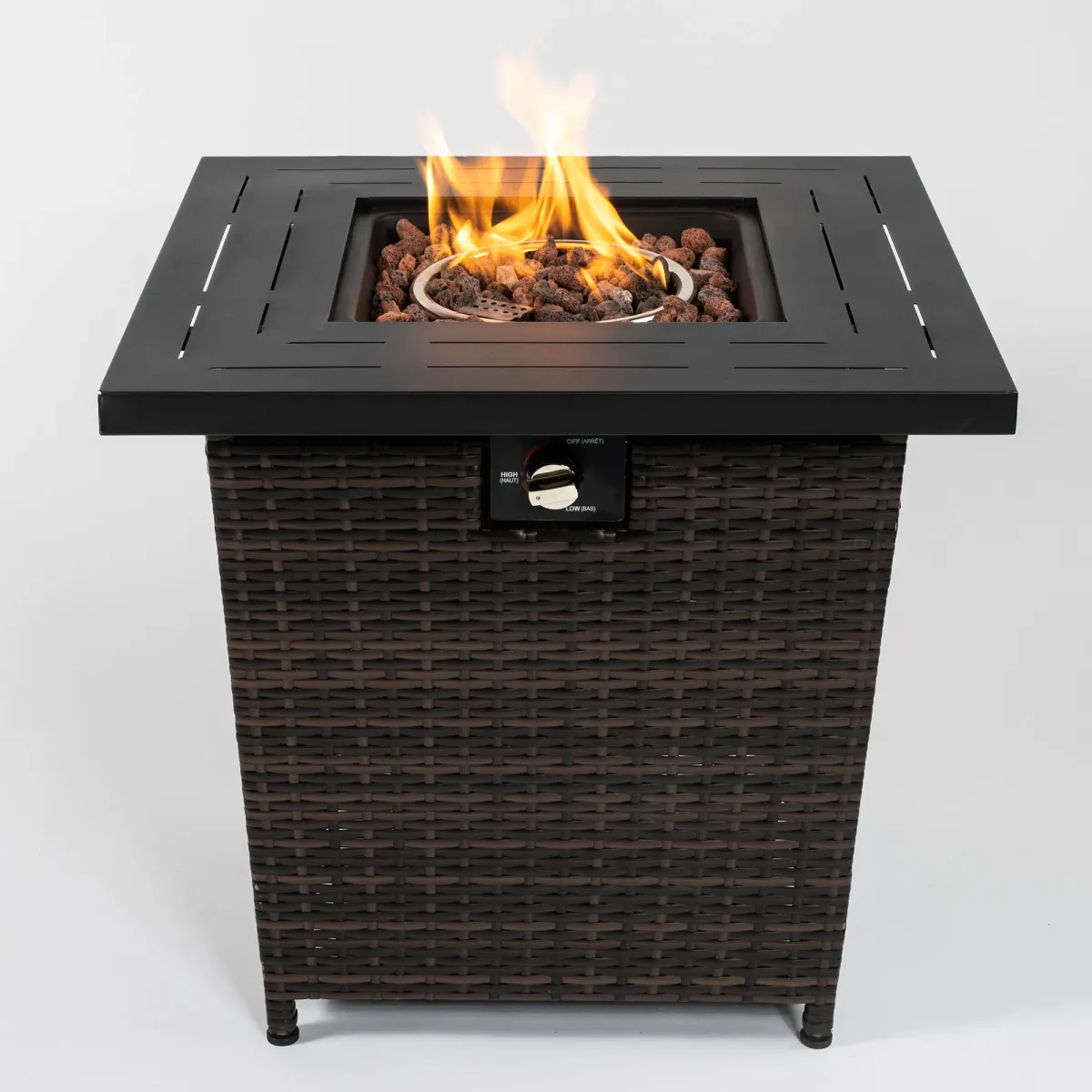 Square Wicker Fire Pit Table with Propane Burner for Patio and Backyard