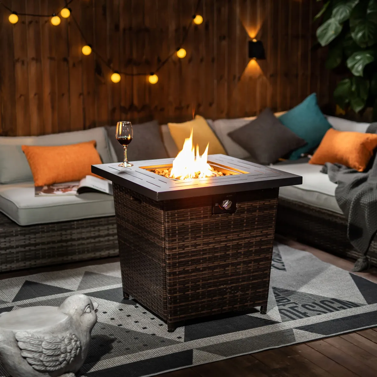 Square Wicker Fire Pit Table with Propane Burner for Patio and Backyard