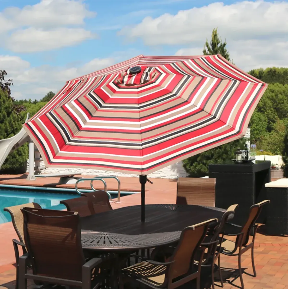 Sunnydaze 9 ft Solar Patio Umbrella with Lights, Tilt, and Crank