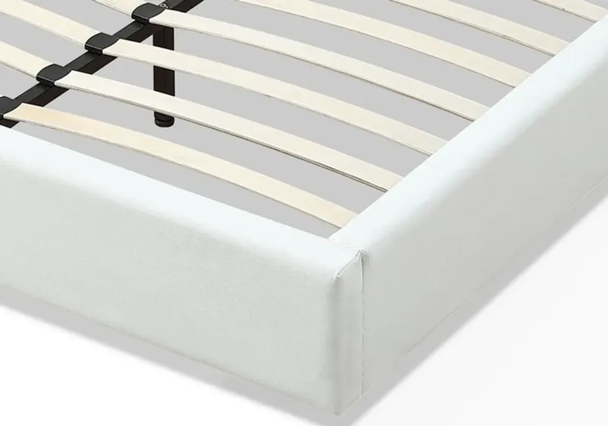 Uma Full Size Platform Bed, Tall Panel Headboard, Cream Canvas Upholstery - Benzara