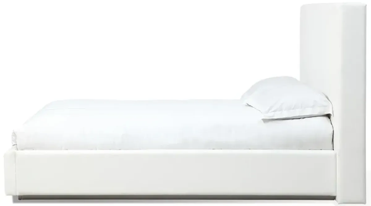 Uma Full Size Platform Bed, Tall Panel Headboard, Cream Canvas Upholstery - Benzara