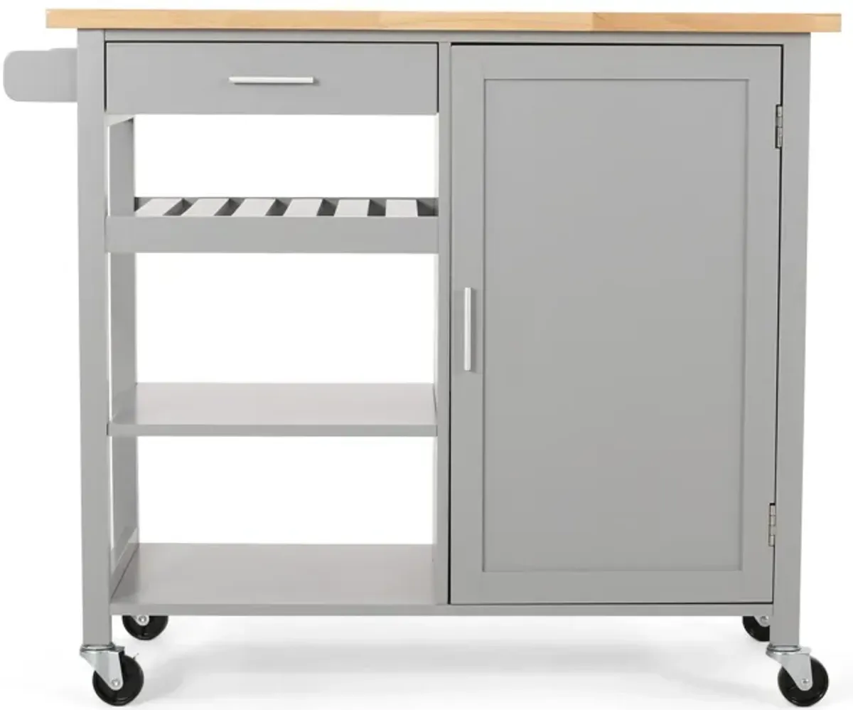 Alex Rolling Kitchen Bar Cart, 3 Shelves, 1 Cabinet, Brown Wood, Gray - Benzara