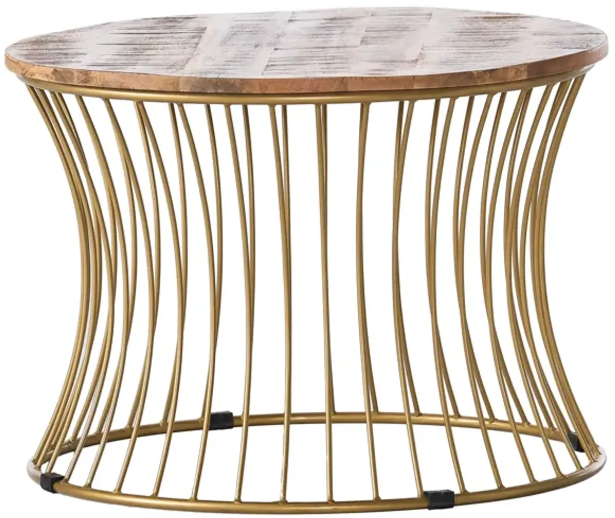 Coffee Table, Gold Hourglass Metal Base, 25 Inch Round Mango Wood Top - Benzara