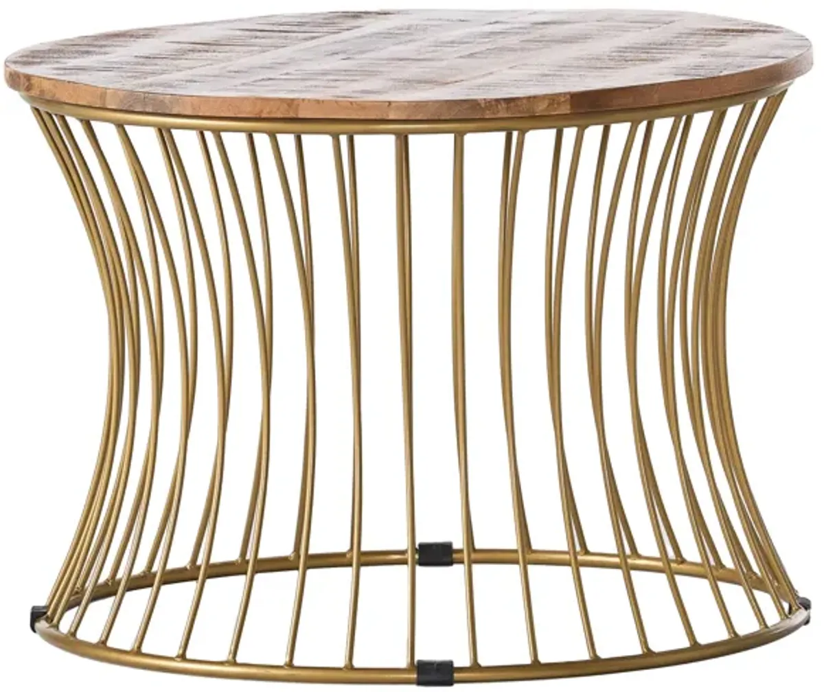 Coffee Table, Gold Hourglass Metal Base, 25 Inch Round Mango Wood Top - Benzara