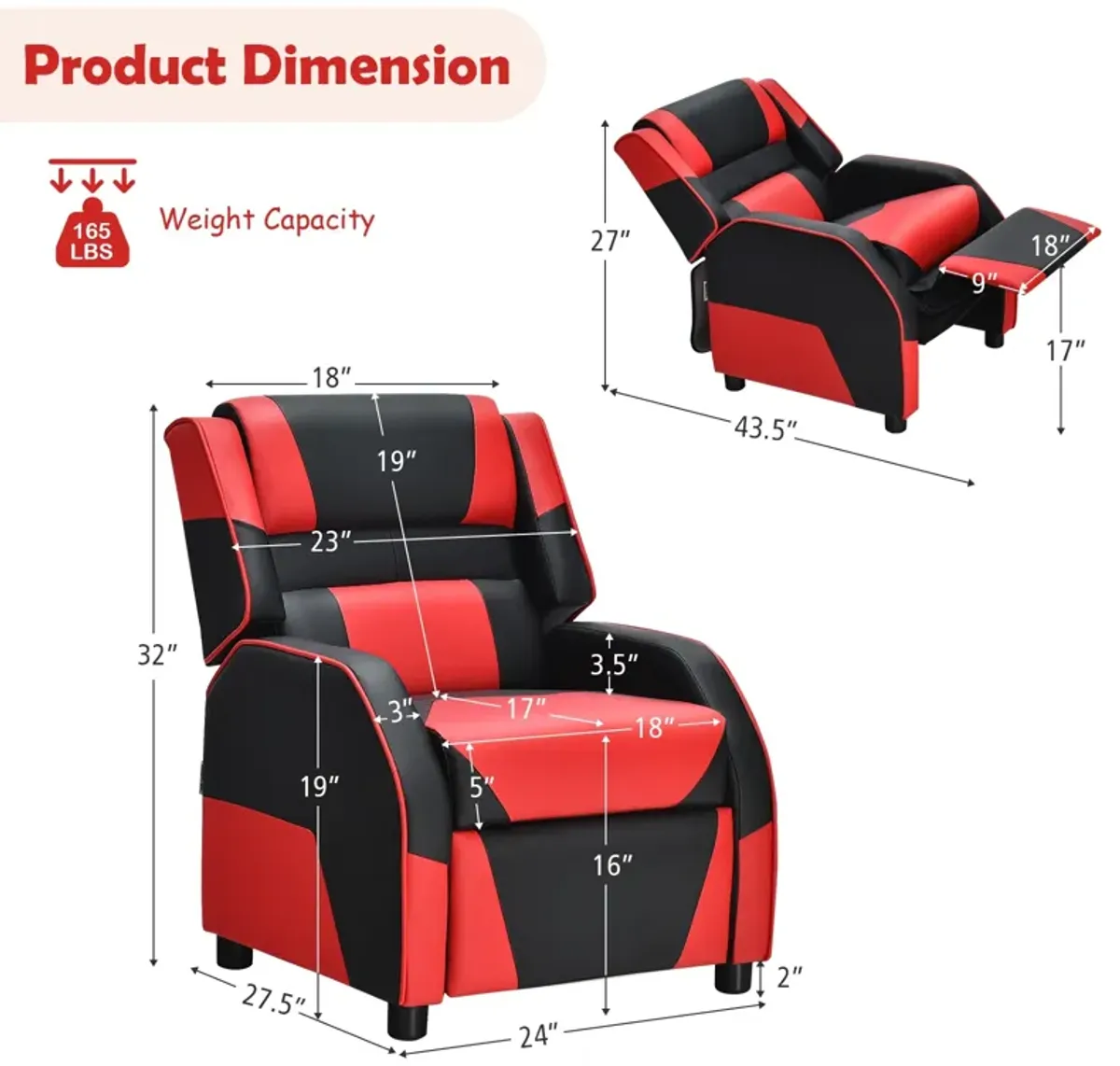 Kids Youth PU Leather Gaming Sofa Recliner with Headrest and Footrest