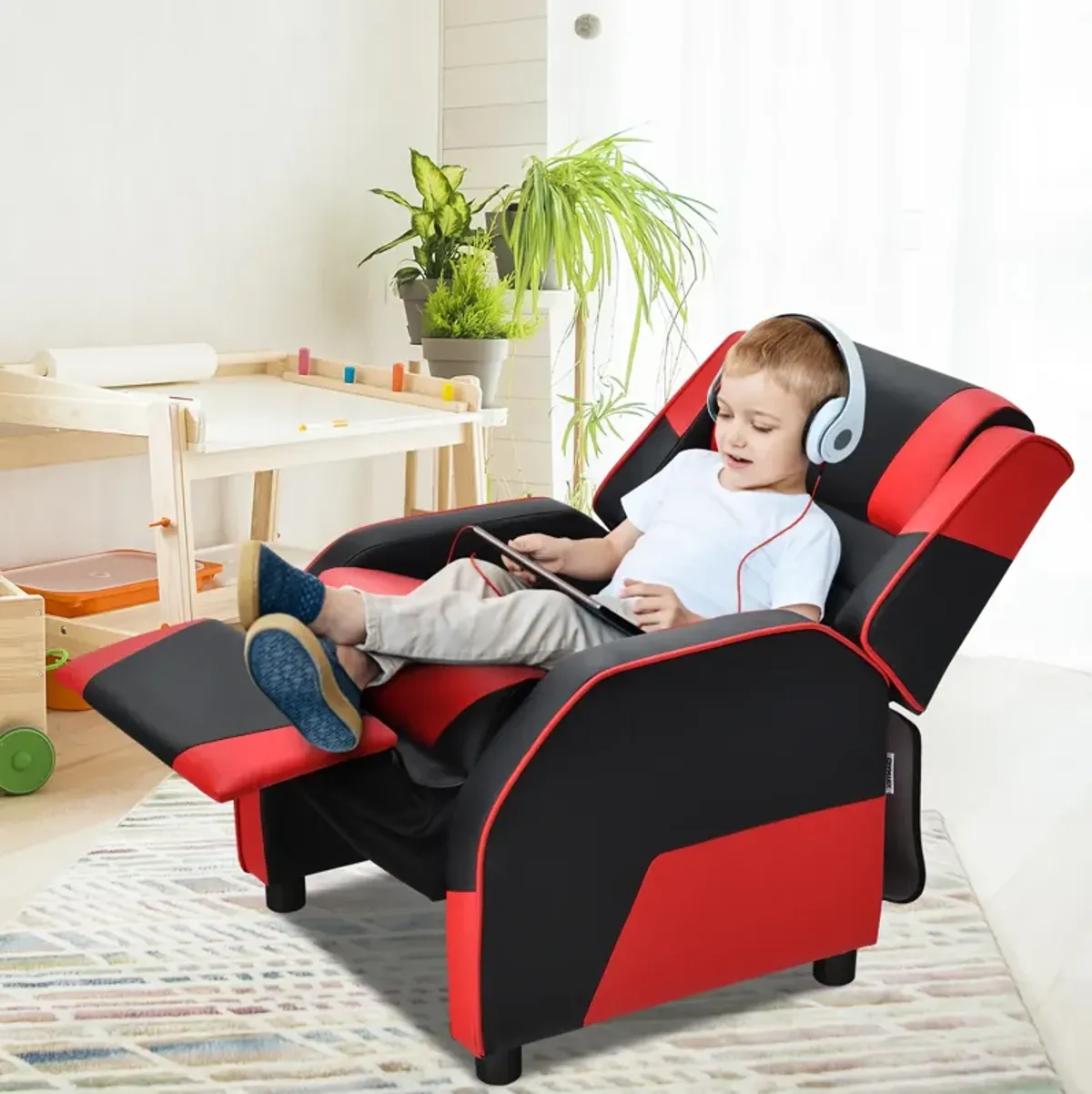 Kids Youth PU Leather Gaming Sofa Recliner with Headrest and Footrest