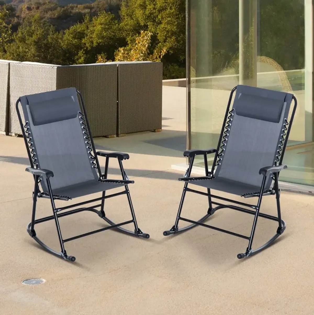 Relaxing Duo: 2-Piece Grey Folding Ergonomic Patio Rocking Chairs