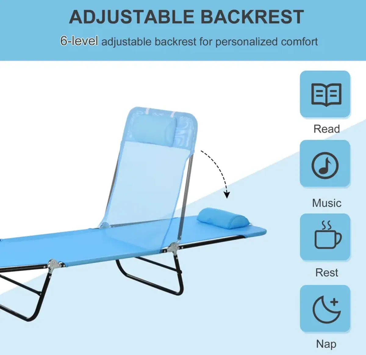 Blue/Black Beach Lounger: Portable Folding Chaise with Adjustable Back