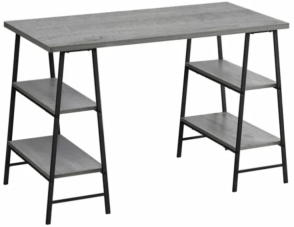 Ergode Industrial-Style Computer Desk - 48"L / Grey Wood-Look Finish / Black Metal Legs - 4 Open Shelves for Storage and Display