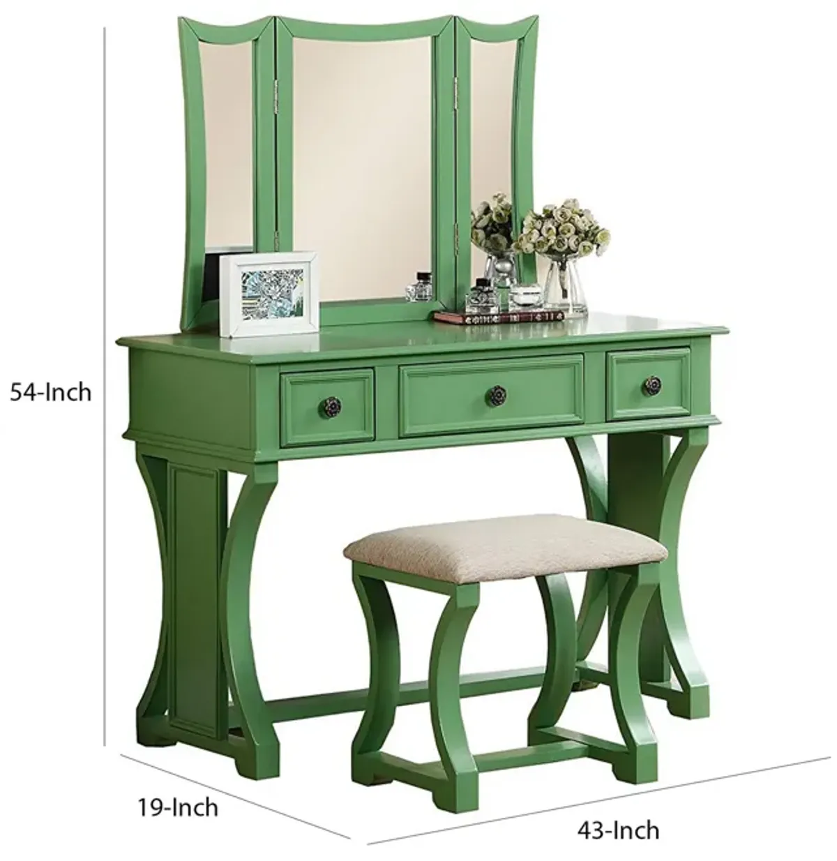 Modish Vanity Set Featuring Stool And Mirror Green-Benzara