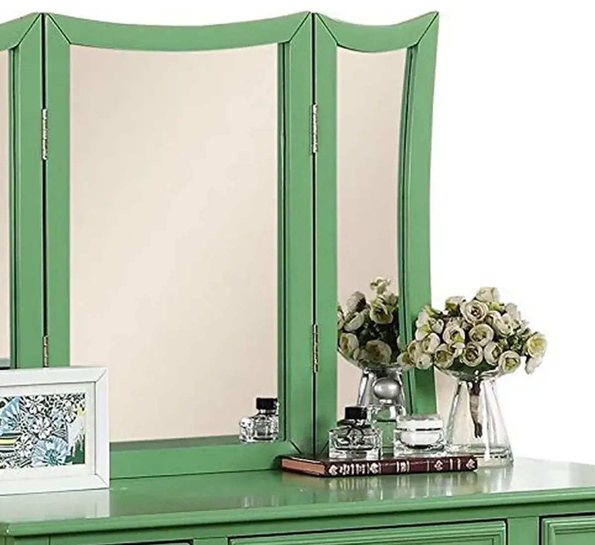 Modish Vanity Set Featuring Stool And Mirror Green-Benzara