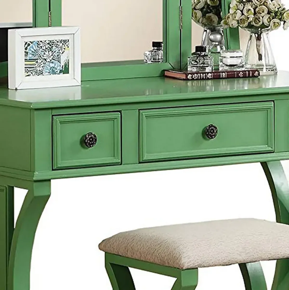 Modish Vanity Set Featuring Stool And Mirror Green-Benzara