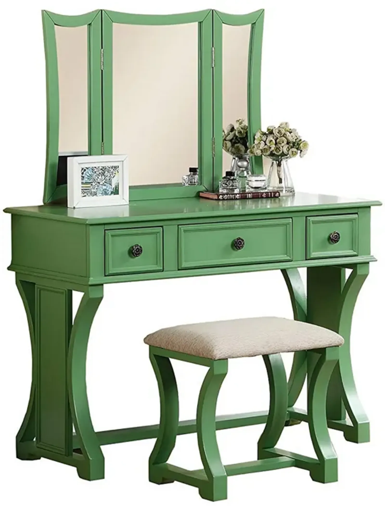 Modish Vanity Set Featuring Stool And Mirror Green-Benzara