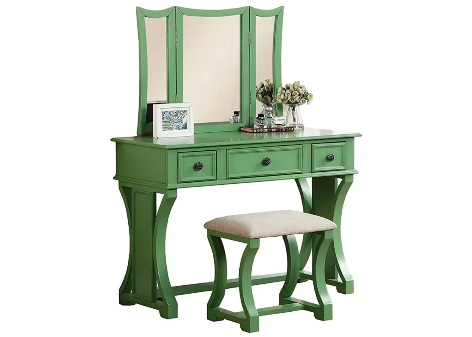 Modish Vanity Set Featuring Stool And Mirror Green-Benzara