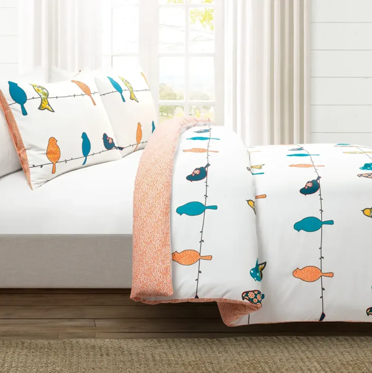 Rowley Birds Reversible Cotton Duvet Cover  3Pc Set