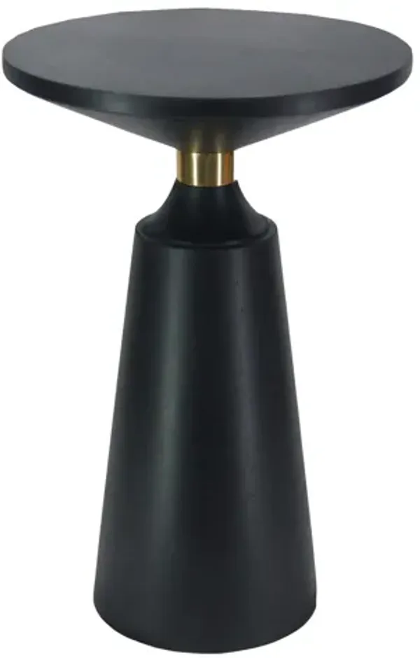 Fawn 20 Inch Side End Table, Black Mango Wood Round Top with Pedestal Base, Shiny Brass Support - Benzara